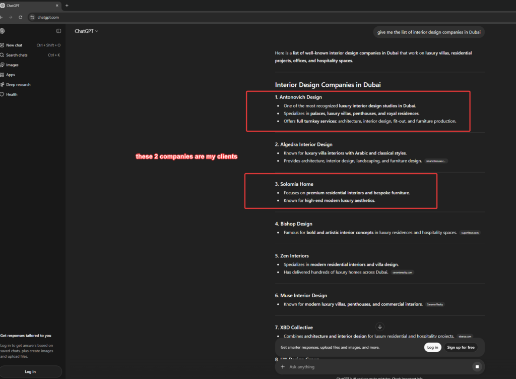 Screenshot of ChatGPT recommending Solomia Home by name when asked about luxury home furnishings in Dubai and the wider Middle East